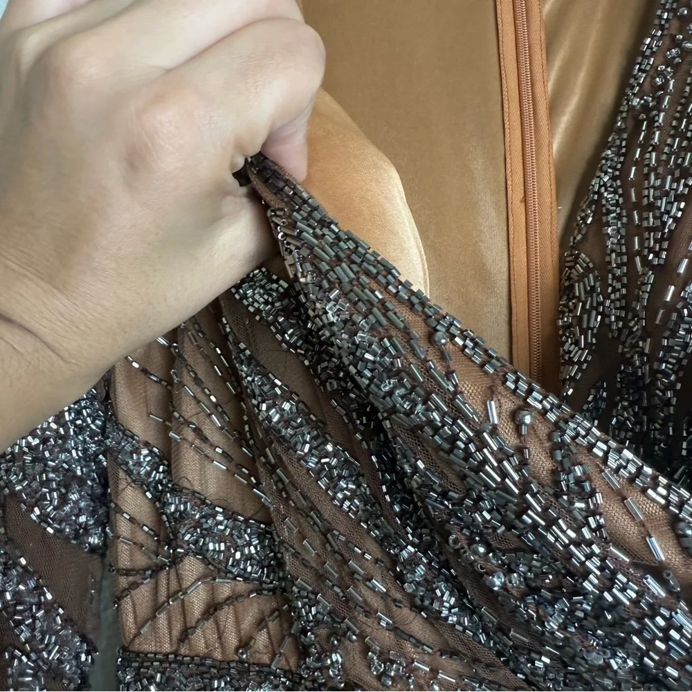 Mac Duggal Mocha Brown Beaded Long Sleeve Tulle Midi Cocktail Dress - Picture 10 of 14